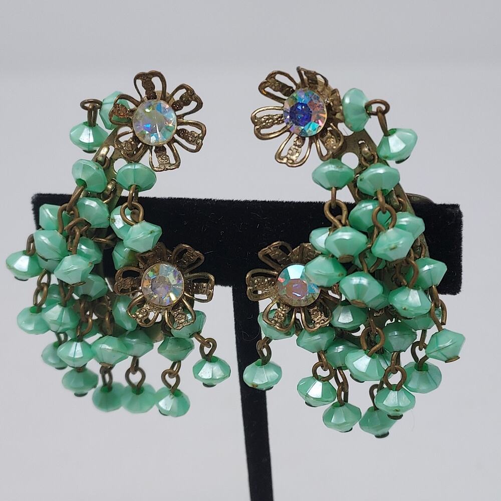 Vintage Beaded Floral Earrings Climber 2" Tall Pale Aqua Rhinestone